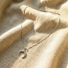 Turkuaz Taşlı Burgu Yarım Ay Çelik Kolye - Gümüş Rengi Kaplama, 41+5 cm / 1 mm