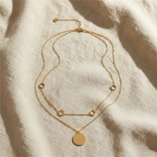 Daire Halka Gurme Zincir Çift Çelik Kolye - 14K Altın Rengi Kaplama, 42+5 cm / 1 mm