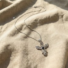 Siyah Taşlı Anka Kuşu Çelik Kolye - Gümüş Rengi Kaplama, 40+5 cm / 1 mm