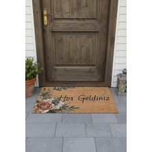 Valerine Life Vintage Zambak ve Kalpli Kahverengi Ev Ofis İş yeri Dükkan Kapı Önü Paspası 45x70cm