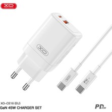 Xo CE16(EU) 45W PD Hızlı Şarj Adaptörü ve Type-C to Type-C Kablolu Şarj Aleti Adaptörü Set