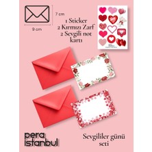 Pera İstanbul 2 Adet Kırmızı 7x9 Zarf 2 Adet Hediyelik Not Kartı 1 Adet Sticker Set Sevgililer Günü Yıl Dönümü