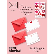 Pera İstanbul 2 Adet Kırmızı 7x9 Zarf 2 Adet Hediyelik Not Kartı 1 Adet Sticker Set Sevgililer Günü Yıl Dönümü
