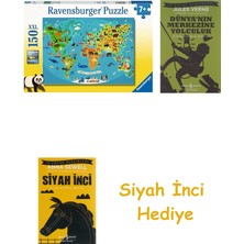 Ravensburger 132874 150 Parçalı Puzzle Hayvanlı Harita, Renkli + Dünyanın Merkezine Yolculuk + Siyah Inci Hediye