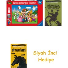 Ravensburger 129928 100 Parçalı Puzzle Süper Mario, Çok Renkli + Dünyanın Merkezine Yolculuk + Siyah Inci Hediye