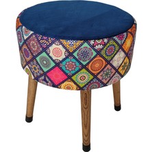 Ustaagac Renkli Mandala Desenli El Yapımı Puf – Ahşap Ayaklı Dekoratif Oturma Taburesi Mavi