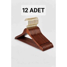 12 Ahşap Elbise Askısı Gold Kancalı Ceviz Ağaç Askı