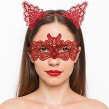 BT Teknik Ateş Kırmızısı Dantel Taç ve Maske Seti - Özel Günler Için