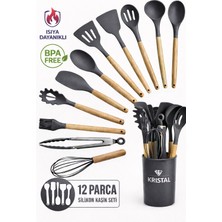 Kristal 12 Parça Isıya Dayanıklı Yanmaz Yapışmaz Silikon Servis Seti Gerçek Kayın Ağacı Saplı