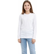Bilge Trend Beyaz Uzun Kol Bisiklet Yaka Penye Tişört , Okul T-Shirt