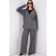 Queene Dreams Örme Kimono Pantolon Ikili Takım 30067 - Gri