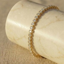 Zeino Su Yolu Zirkon Taşlı Çelik Bileklik - 14K Altın Kaplama - 17 cm