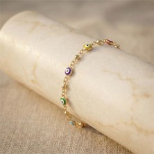 Renkli Nazar Boncuk Bileklik - 14K Altın Rengi Kaplama, 17+3 cm