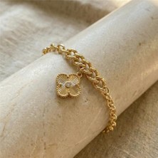 Yonca Charm Küba Zincir Bileklik - 14K Altın Rengi Kaplama, 17+3 cm