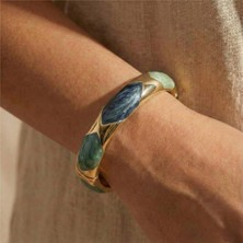 Lacivert Mavi Turkuaz Sedef Detaylı Kelepçe Bilezik – 14K Altın Rengi, 6 cm Çap