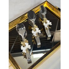 YNSK Maşa Luxury | L'or Blanc | 3'lü Paslanmaz Beyaz Kelebek Dekorlu Çelik Maşa Seti