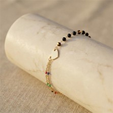 Kalp Detaylı Renkli Boncuk Bileklik - 14K Altın Rengi Kaplama, 17+3 cm