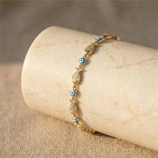 Balık Figürlü Nazar Boncuklu Bileklik - 14K Altın Rengi Kaplama, 16+2 cm