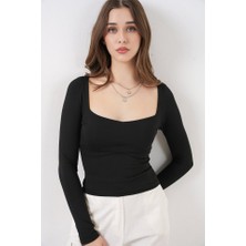 Queene Dreams Kare Yaka Slim Fit Bluz 986 - Siyah