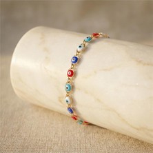 Renkli Nazar Boncuk Detaylı Bileklik - 14K Altın Rengi Kaplama, 18+3 cm