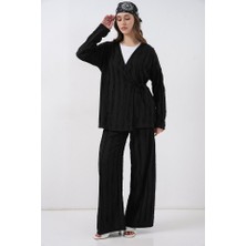 Queene Dreams Örme Kimono Pantolon Ikili Takım 30067 - Siyah