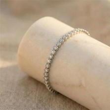 Ince Tek Sıra Taşlı Bileklik - Gümüş Rengi Kaplama, 17+1 cm