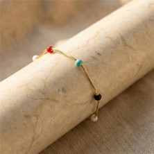 Renkli Mineli Top Bileklik - 14K Altın Rengi Kaplama, 17+3 cm