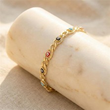 Renkli Nazar Boncuklu Bileklik - 14K Altın Rengi Kaplama, 19+3 cm