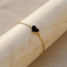 Zeino Siyah Kalp Detaylı Bileklik - 14K Altın Kaplama - 17+3 cm