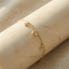 Zeino Kalp ve Çapa Zirkon Taşlı Charm Bileklik - 14K Altın Kaplama - 17+3 cm