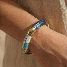 Zeino Lacivert Mavi Turkuaz Sedef Detaylı Kare Kelepçe Bilezik - 14K Altın Kaplama - 56 mm çap
