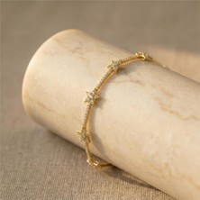 Yıldız Zirkon Taşlı Bileklik - 14K Altın Rengi Kaplama, 17 cm