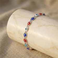 Renkli Nazar Boncuk Detaylı Bileklik - Gümüş Rengi Kaplama, 18+3 cm