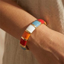 Zeino Beyaz Bebe Mavi Fuşya Turuncu Sedef Detaylı Kelepçe Bilezik - 14K Altın Kaplama - 6 cm çap