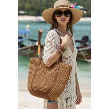 Oval Deri Tabanlı Deri ve Hasır Saplı Çıtçıtlı Astarlı Yumuşak Sahil Plaj Beach Ithal Hasır Çanta