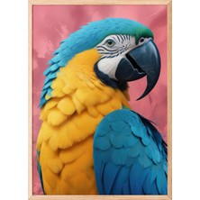 Zestia Ahşap Çerçeveli Duvar Tablosu Renkli Papağan Portresi – Mavi ve Sarı Tonlarda Salon Dekoru