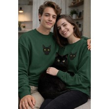 Muhtar Store Siyah Kedi Desenli Sevgili Sweatshirt – Unisex Çift Kombini