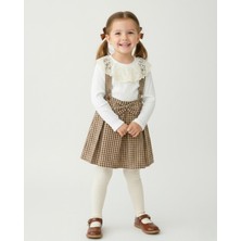 Ege Bebek Kız Çocuk Ekose Salopet Elbise Takımı – Dantelli Uzun Kollu Bluzlu, Askılı Etek Kombin (2-9 Yaş)