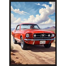 Zestia Siyah Çerçeveli Duvar Tablosu Kırmızı Klasik Mustang – Çöl Yolu ve Açık Gökyüzü Salon Dekoru