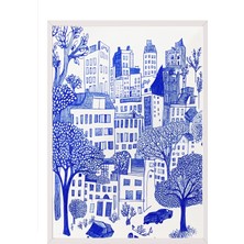 Zestia Beyaz Çerçeveli Duvar Tablosu Mavi Çizim Şehir Manzarası – Minimal Kent Dokusu Salon Dekoru