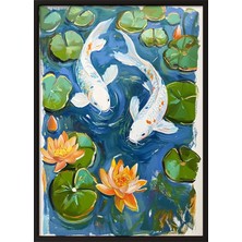 Zestia Siyah Çerçeveli Duvar Tablosu Koi Balıkları ve Lotus Çiçekli Gölet Manzarası Salon Dekoru