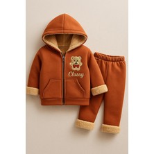 Ayıcık Detaylı Içi Yumuşak Peluşlu Çocuk Kışlık Hoodi ve Eşofman Altı Seti