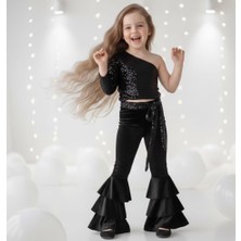 Kız Çocuk Payetli Siyah Abiye Takım Ispanyol Paça