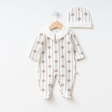 Bebeva Baby Dümen Baskılı %100 Pamuk Bebe Yakalı Erkek Bebek Tulum - Kahve