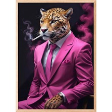 Zestia Ahşap Çerçeveli Duvar Tablosu Pembe Takımlı Leopar – Duman Efekti Salon Dekoru