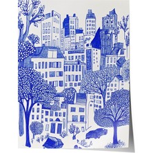 Zestia Poster Mavi Çizim Şehir Manzarası – Minimal Kent Dokusu Salon Dekoru