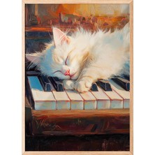 Zestia Ahşap Çerçeveli Duvar Tablosu Uyuyan Kedi Illüstrasyonu Salon Dekoru