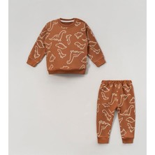 Bebeva Baby Erkek Bebek %100 Pamuklu Dinozor Baskılı Bisiklet Yaka Uzun Kollu 2'li Alt Üst Takım - Kahve