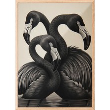 Zestia Ahşap Çerçeveli Duvar Tablosu Siyah Tonlarda Üçlü Flamingo Modern Stil Salon Dekoru