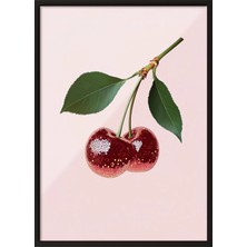 Zestia Siyah Çerçeveli Duvar Tablosu Işıltılı Kırmızı Kiraz Illüstrasyonu Mutfak Dekoru